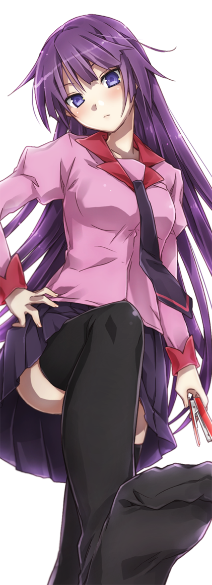 black_legwear, blue_eyes, blush, feet, imomu, legs, long_hair, monogatari_(series)