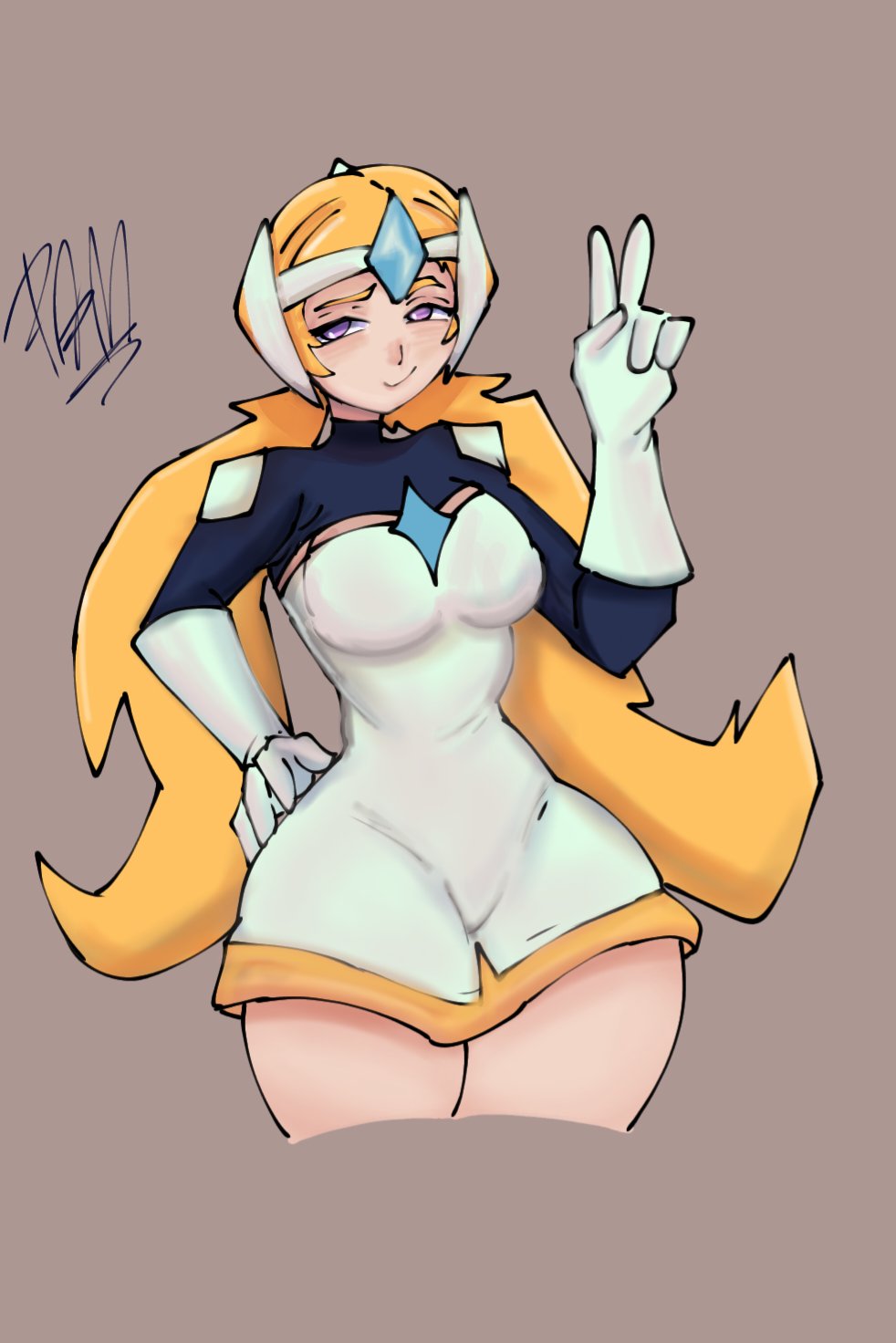 1girl, 2d, absolute_territory, bare_thighs, black_shirt, blonde_female, blonde_hair, blue_gem, brawl_stars, breasts, brown_background, cropped_legs, dress, elbow_gloves, female, gem, gloves, half-closed_eyes, highres, jewelry, light_blush, long_hair, looking_at_viewer, low_twintails, medium_breasts, miri_tamalero, naughty_face, shirt, shoulder_pads, signature, solo, solo_focus, starr_nova_(brawl_stars), thick_thighs, thighs, tight_clothes, twintails, v, very_long_hair, violet_eyes, white_dress, white_gloves, wide_hips, zettai_ryouiki