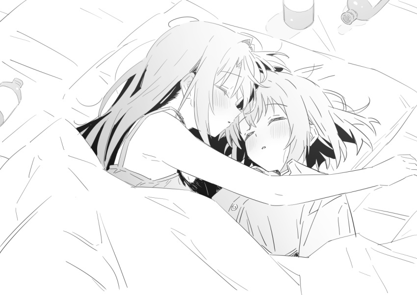 2girls, blush, bottle, camisole, commentary_request, dress_shirt, greyscale, hug