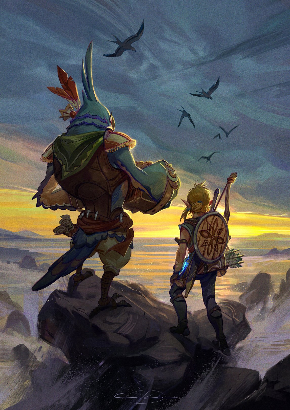 2boys, bird, bird_boy, bird_tail, blonde_hair, blue_feathers, english_commentary, feathers