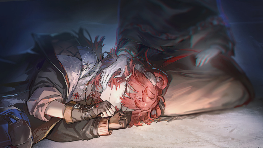 2girls, animal_ears, arknights, artist_request, asymmetrical_gloves, bear_ears, bear_girl, closed_eyes
