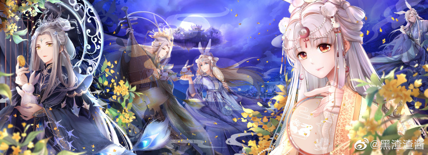 1boy, 4girls, animal, animal_ears, baishuo_(shining_nikki), beads, black_robe, blue_flower