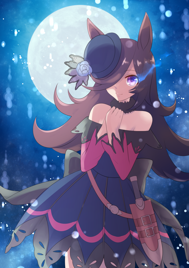 1girl, animal_ears, bare_shoulders, blue_dress, blue_flower, blue_hat, blue_rose, breasts