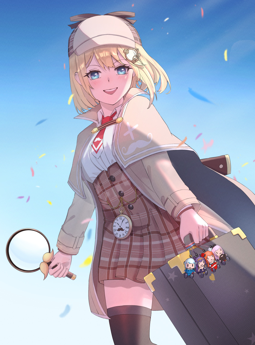 1girl, absurdres, bag, black_thighhighs, blonde_hair, blue_eyes, blue_sky, brown_hat