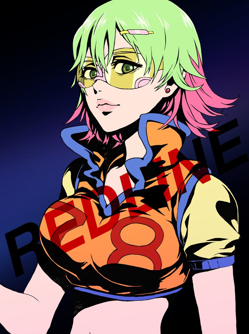 earrings, goggles, green_hair, hair_ornament, hairclip, ikadako, jewelry, large_breasts