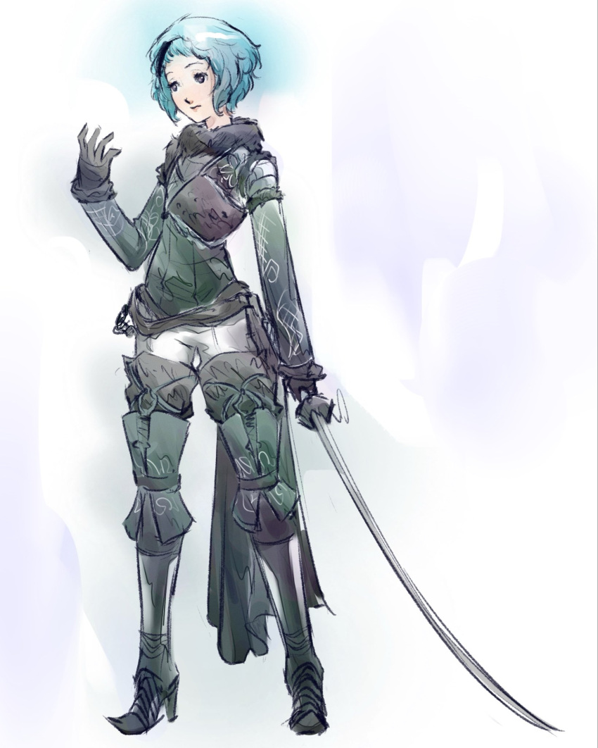1girl, arm_up, black_gloves, blue_hair, boots, commentary, cosplay, full_body