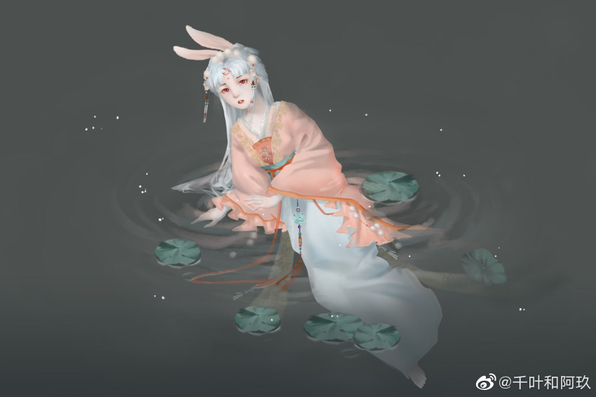 1girl, animal_ears, barefoot, blue_skirt, blunt_bangs, chinese_clothes, chinese_commentary, commentary_request