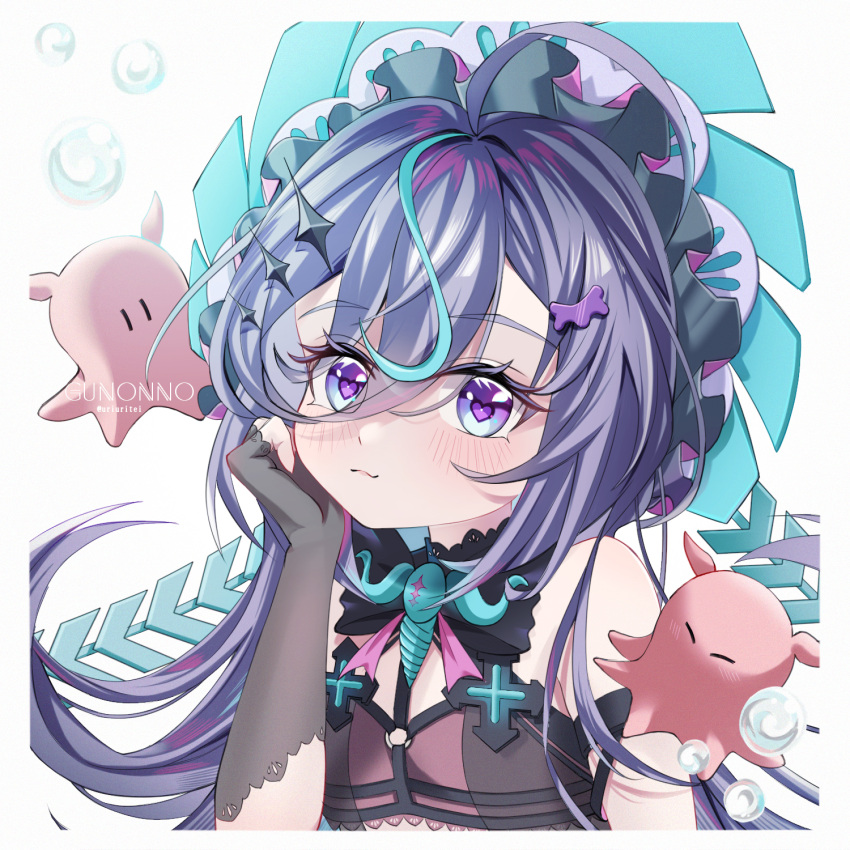 1girl, arm_strap, bare_shoulders, black_dress, black_gloves, blue_eyes, blue_hair, commentary_request