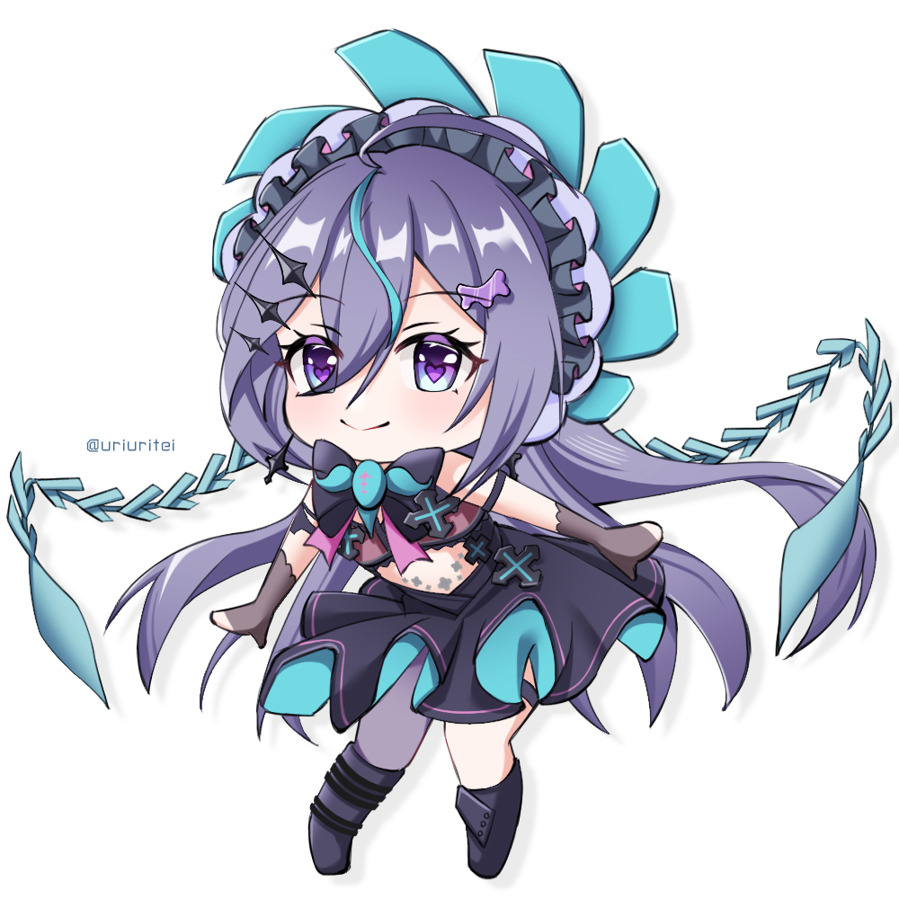 1girl, arm_strap, bare_shoulders, black_boots, black_dress, black_gloves, blue_eyes, boots