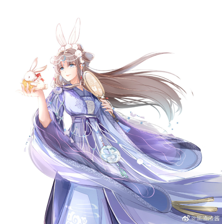 1girl, animal, animal_ears, beads, blue_eyes, blue_hanfu, bow-shaped_hair, breasts
