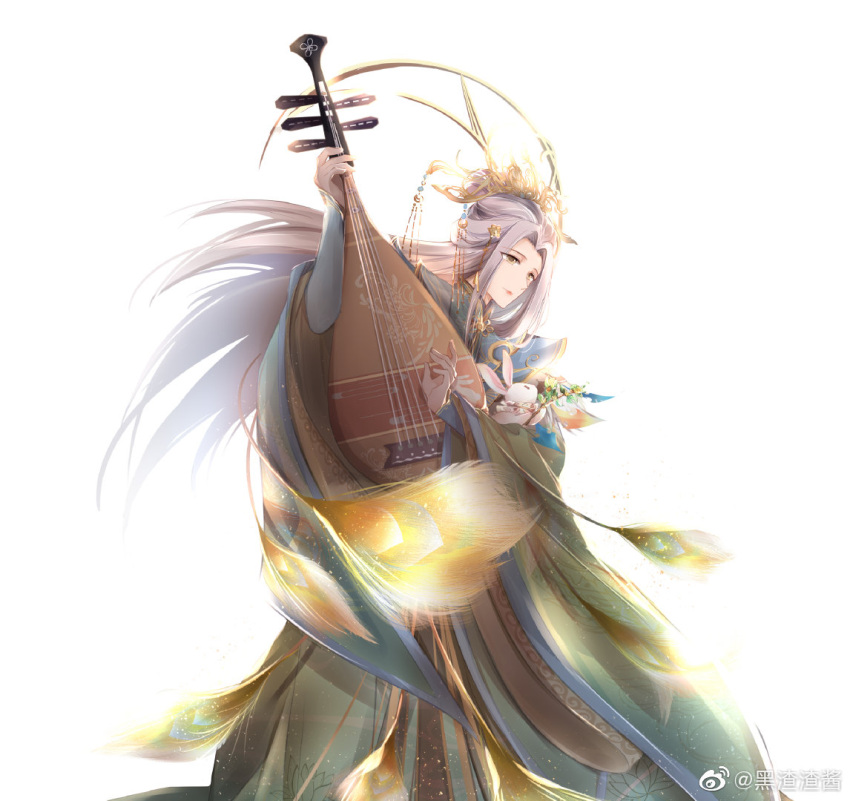 1girl, animal, blue_capelet, capelet, chinese_clothes, chinese_commentary, chinese_hairpin, closed_mouth, commentary_request, crescent_halo, feet_out_of_frame, floating_hair, forehead, green_hanfu, grey_hair, hair_ornament, hairclip, half_updo, halo, halo_behind_head, hanfu, happy, heizhazhajiang, instrument, light_particles, lipstick, long_hair, long_sleeves, looking_ahead, makeup, moonset_(shining_nikki), music, nikki_(series), official_alternate_color, peacock_feathers, pink_lips, pipa_(instrument), playing_instrument, rabbit, shining_nikki, sidelocks, simple_background, smile, solo, topknot, very_long_hair, watermark, weibo_watermark, white_background, wide_sleeves, yellow_eyes, yellow_halo, yunjian