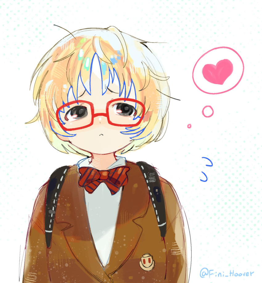 1girl, :<, artist_name, backpack, bag, blonde_hair, bow, bowtie