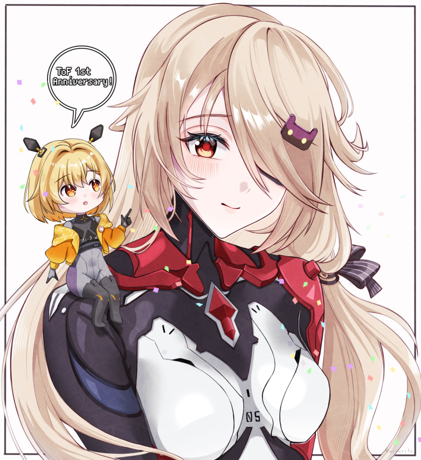 1girl, 2girls, blonde_hair, bodysuit, breasts, closed_mouth, eyepatch, gloves