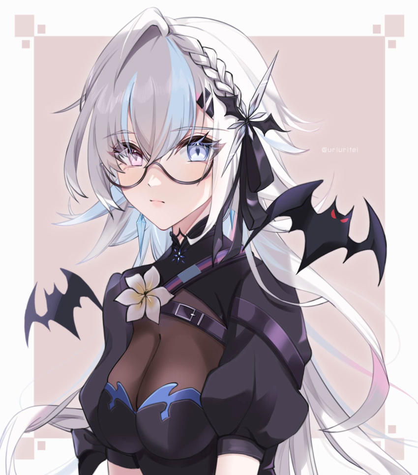 1girl, absurdres, bat_(animal), blue_eyes, blue_hair, bow, breasts, commentary_request
