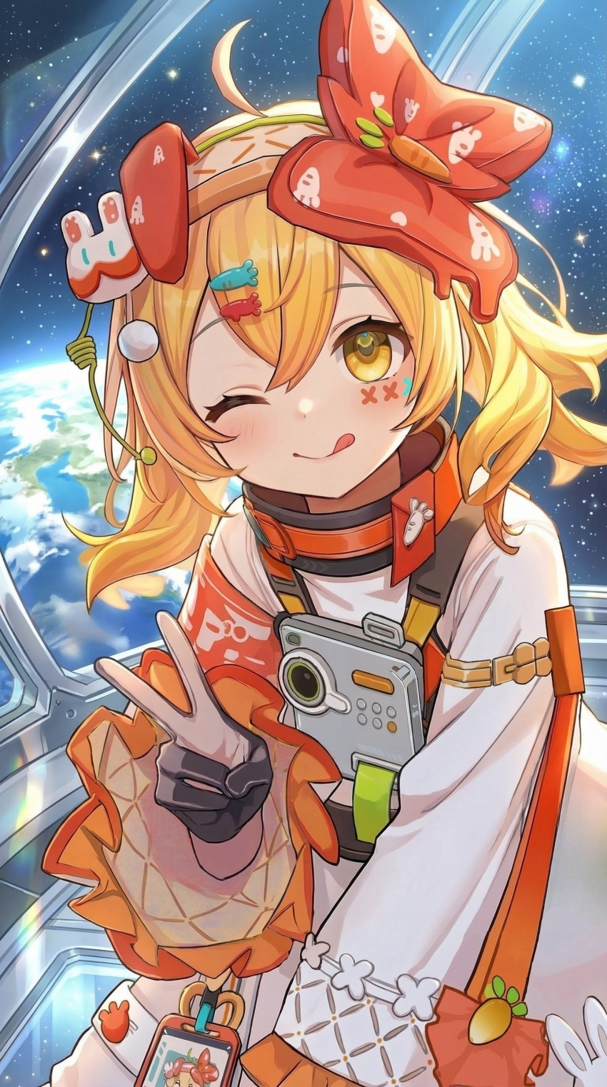 1girl, absurdres, armor, blonde_hair, bow, carrot_(tower_of_fantasy), gradient_hair, hair_between_eyes, hair_ornament, highres, large_bow, looking_at_viewer, multicolored_hair, one_eye_closed, orange_eyes, orange_hair, prosthesis, ribbon, sakanaka_oru, science_fiction, thigh-highs, thighs, tower_of_fantasy, yellow_eyes