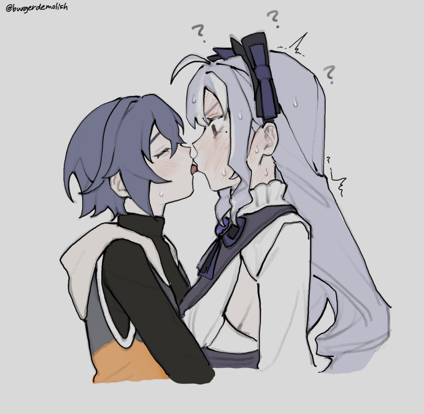2girls, ?, belle_(zenless_zone_zero), blue_hair, french_kiss, gothic_lolita, highres, hood