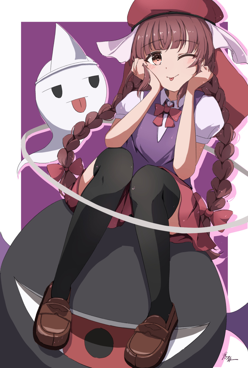 1girl, :p, bakebake_(touhou), beret, black_thighhighs, blush, border, bow
