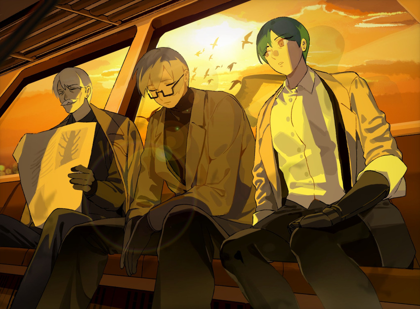 1girl, 2boys, androgynous, black_gloves, black_pants, closed_eyes, closed_mouth, collared_shirt