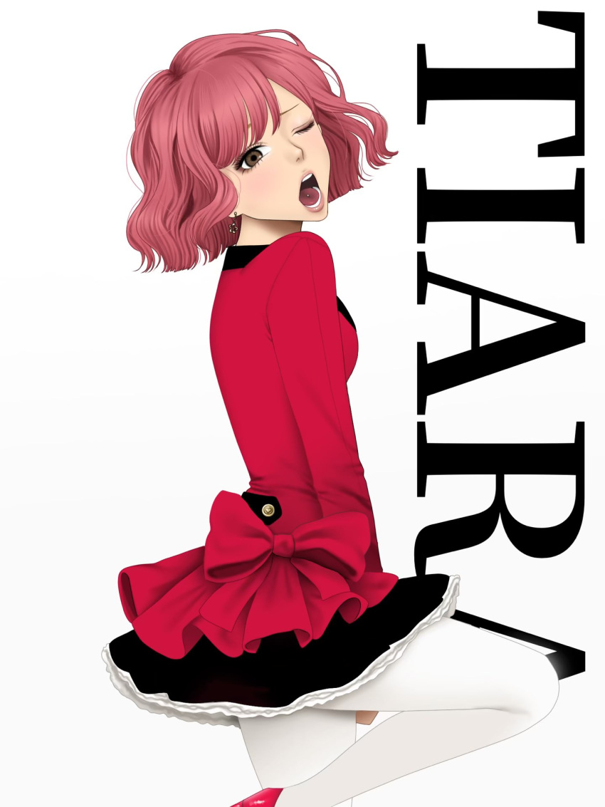 1girl, black_skirt, bow, breasts, brown_eyes, character_name, commentary, earrings