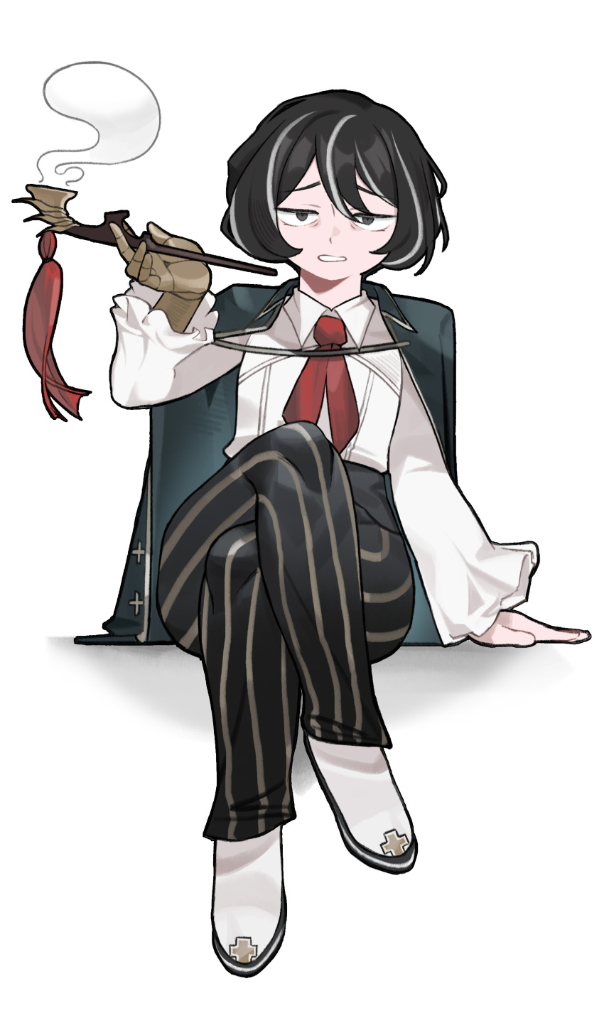 1girl, absurdres, black_hair, black_pants, commentary_request, crossed_legs, highres, jacket