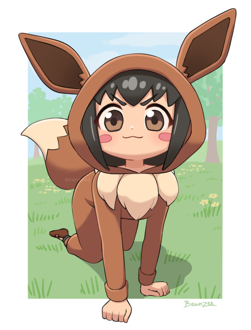 1girl, :3, absurdres, all_fours, animal_ears, artist_name, bawnzee, black_hair