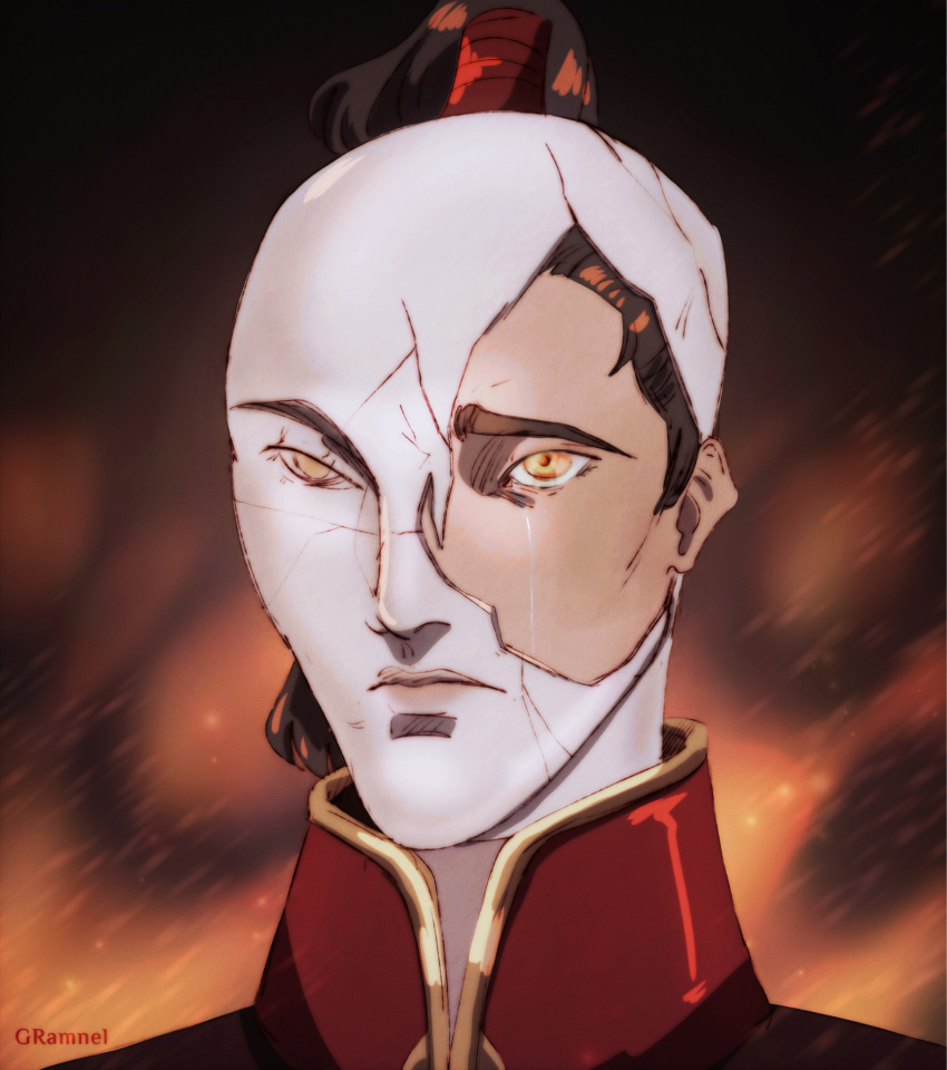 1boy, avatar:_the_last_airbender, avatar_legends, black_hair, commentary, cracked_kawaii_mask, cracked_mask, crying