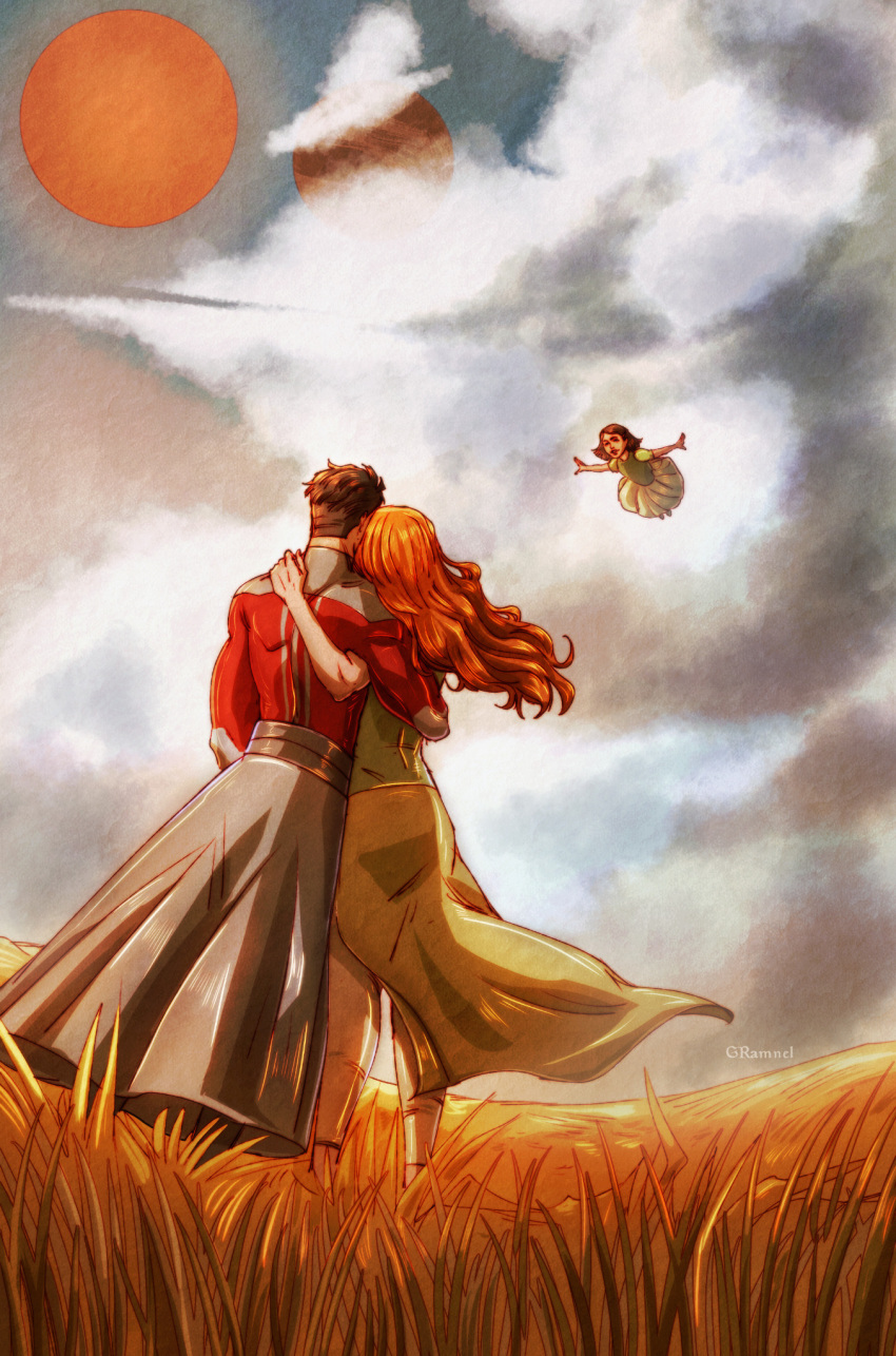 1boy, 2girls, artist_name, black_hair, clouds, commentary, dress, english_commentary, family, flying, gramnel, grass, green_dress, highres, husband_and_wife, invincible_(series), long_hair, mark_grayson, multiple_girls, orange_hair, outstretched_arms, samantha_eve_wilkins, sky, sun, terra_grayson, viltrumite_clothes, wavy_hair