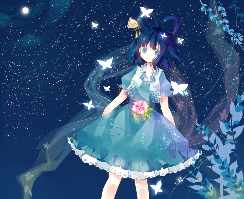 aqua_eyes, blue_eyes, blue_hair, butterfly, collarbone, dress, flower, full_moon