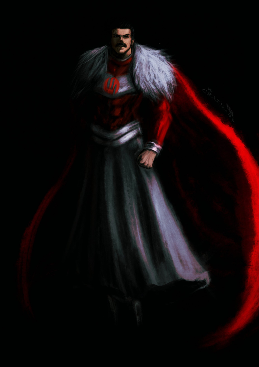 1boy, absurdres, black_background, black_hair, cape, commentary, crain1art, facial_hair