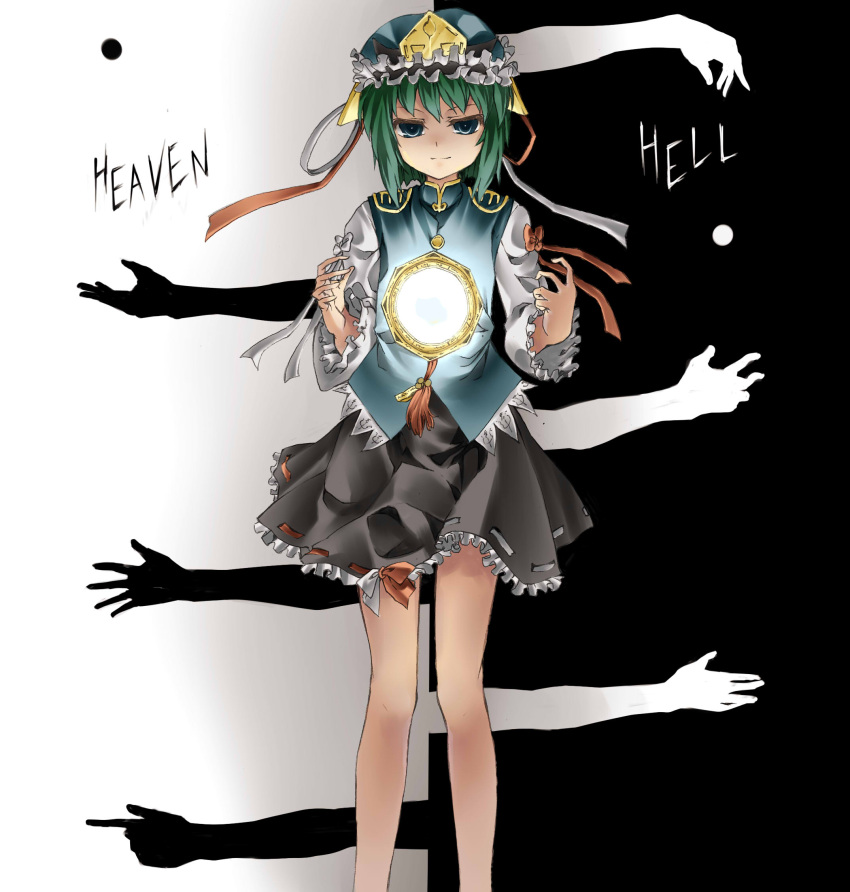 arms, blue_eyes, catch, cleansed_crystal_mirror, drop, girl, green_hair, hand