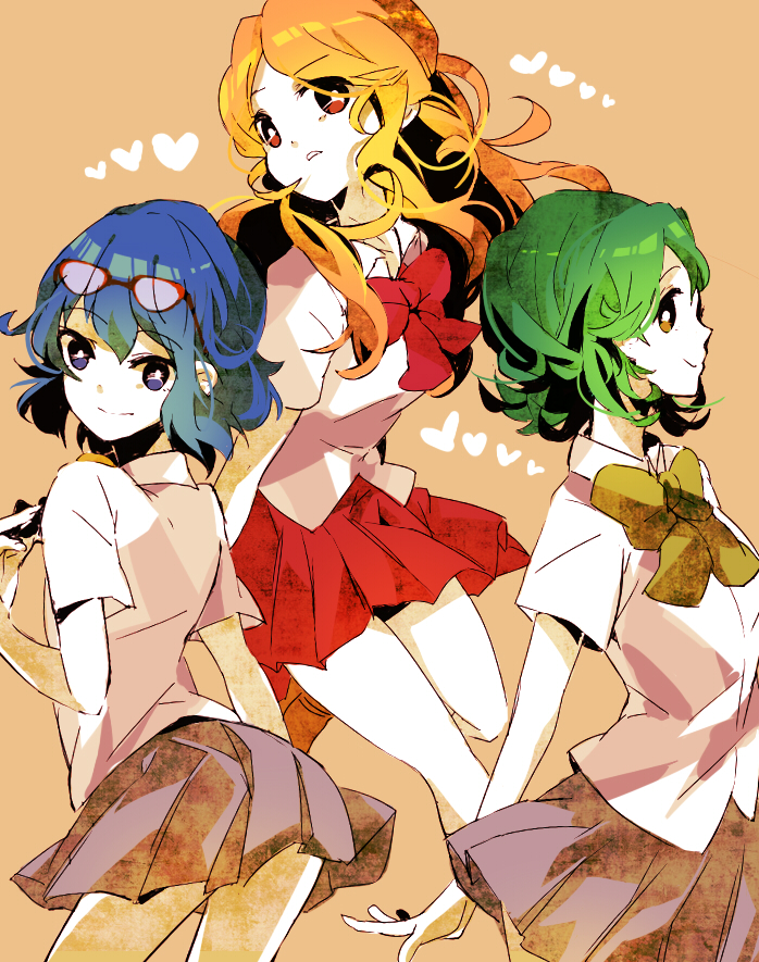 blue_eyes, blue_hair, brown_hair, glasses, glasses_on_head, green_eyes, green_hair, inazuma_eleven