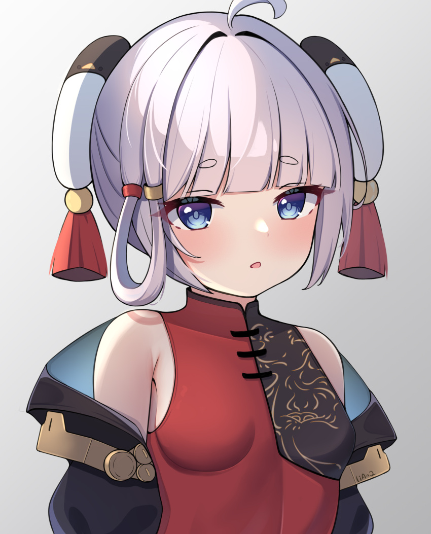 1girl, ahoge, bare_shoulders, blue_eyes, breasts, china_dress, chinese_clothes, commentary_request