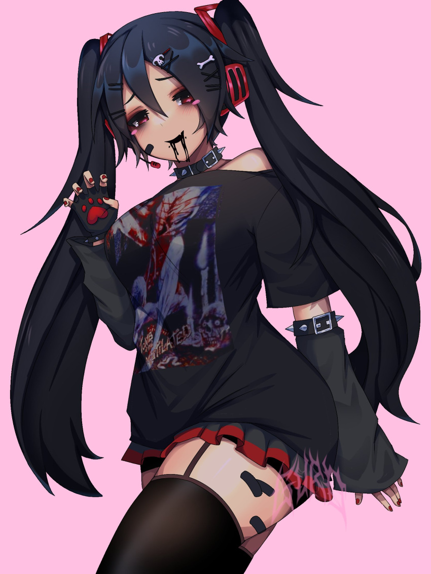 1girl, alternate_hair_color, animal_hands, band_shirt, black_hair, black_sleeves, blush, breasts