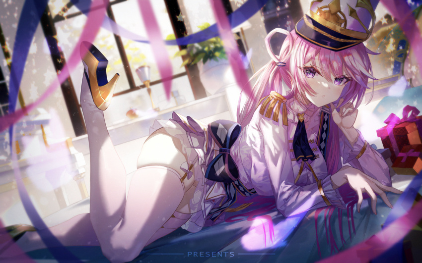 1girl, blush, breasts, cardlit, commentary_request, dress, hat, highres, leg_up, long_hair, looking_at_viewer, molinia_(tower_of_fantasy), open_mouth, pink_eyes, pink_hair, tower_of_fantasy, twintails, violet_eyes
