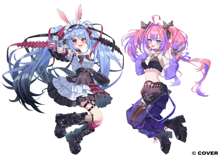 2girls, :d, ahoge, animal_ear_piercing, animal_ears, arm_warmers, asymmetrical_legwear, black_bow