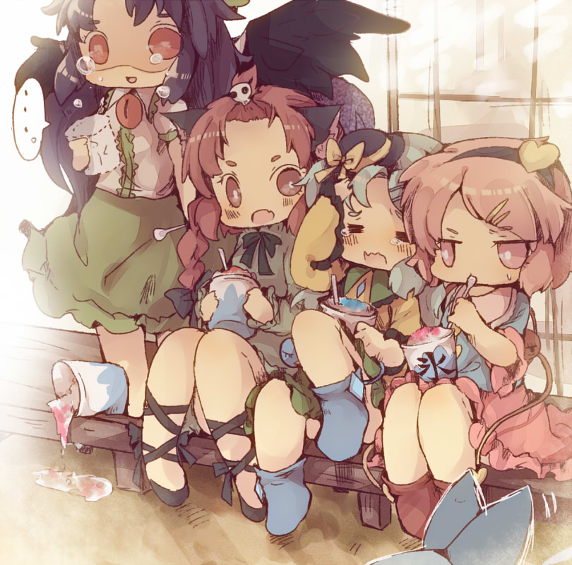 4girls, animal_ears, black_hair, black_wings, bow, braid, brain_freeze, cat_ears