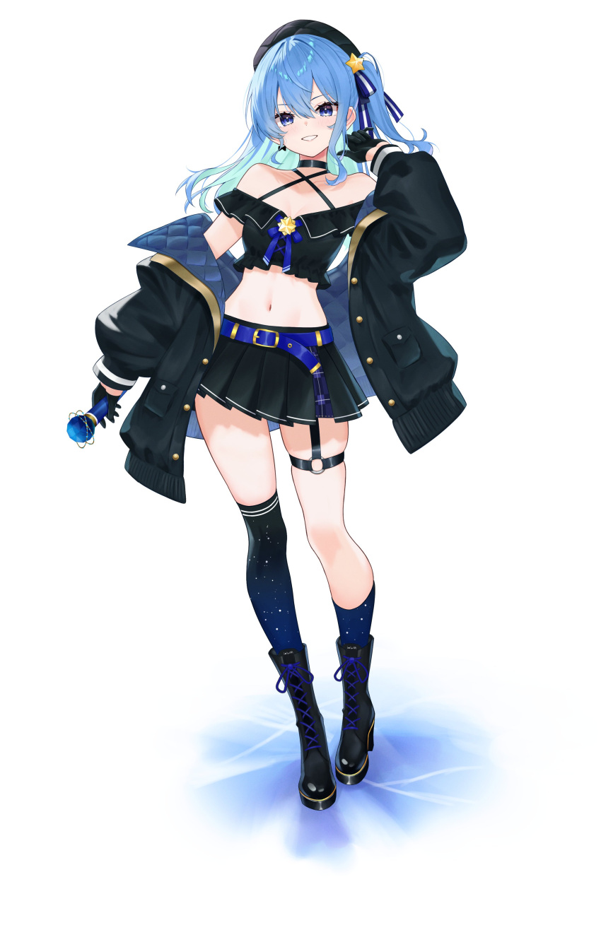 1girl, :d, absurdres, belt, beret, black_boots, black_choker, black_gloves