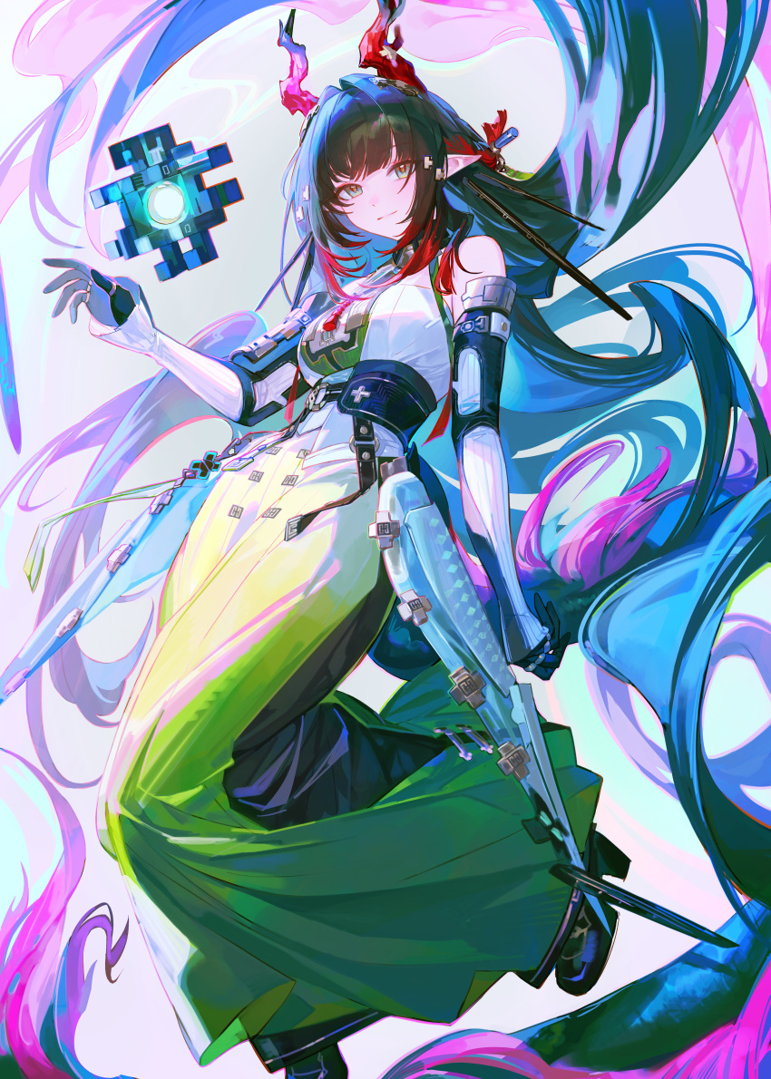 1girl, absurdres, arknights, arknights:_endfield, bare_shoulders, black_gloves, black_hair, chinese_commentary