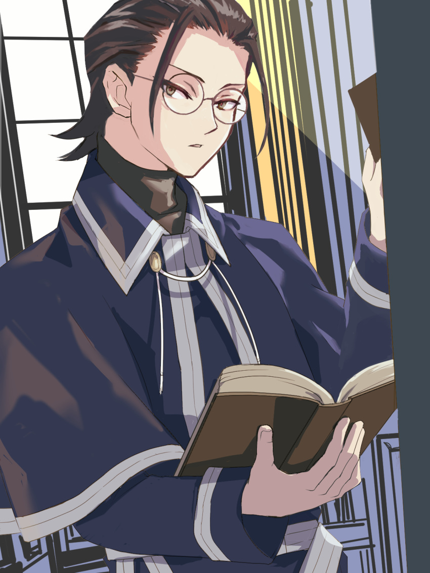 1boy, black_hair, blue_dress, book, brown_eyes, commentary_request, dress, falsch_(sousou_no_frieren)