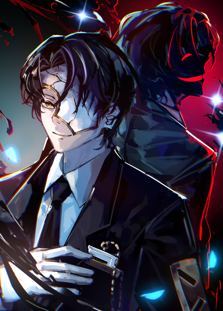 1boy, absurdres, badge, black_hair, black_jacket, black_necktie, blue_petals, closed_mouth, collared_shirt, cracked_mask, curtained_hair, evil_smile, eyes_in_shadow, face_in_shadow, gloves, glowing, glowing_petals, gold_trim, grey_background, hand_on_own_chest, highres, ink, jacket, lapels, limbus_company, looking_ahead, male_focus, mouth_in_shadow, multicolored_hair, necktie, notched_lapels, one_eye_covered, outline, parted_bangs, petals, profile, project_moon, red_background, red_eyes, red_outline, reflection, rien_(project_moon), shirt, short_hair, smile, solid_eyes, sparkle, split_theme, sprit_brry, streaked_hair, suit_jacket, two-tone_background, upper_body, white_gloves, white_mask, white_shirt, white_streaks, wing_collar, yellow_eyes
