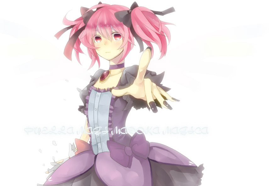 alternate_color, bad_id, bow, choker, fingernails, foreshortening, hair_bow, jewelry, kaname_madoka, kriemhild_gretchen, magical_girl, mahou_shoujo_madoka_magica, nail_polish, nobunaga9, pendant, pink_hair, short_twintails, solo, soul_gem, twintails