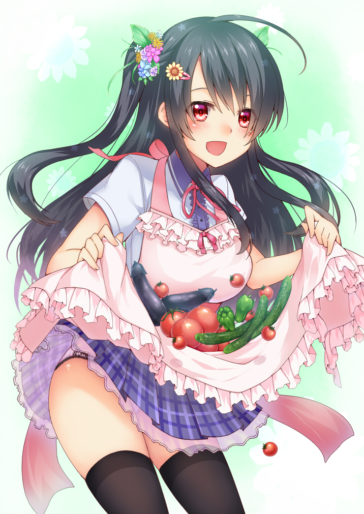 ahoge, apron, apron_lift, black_hair, black_legwear, blush, cherry_tomato, cucumber, eggplant, flower, food, fruit, fruits, hair_flower, hair_ornament, hairclip, long_hair, open_mouth, original, panties, plaid, plaid_skirt, red_eyes, ribbon, skirt, skirt_basket, smile, solo, sugimeno, thigh-highs, thighhighs, tomato, underwear