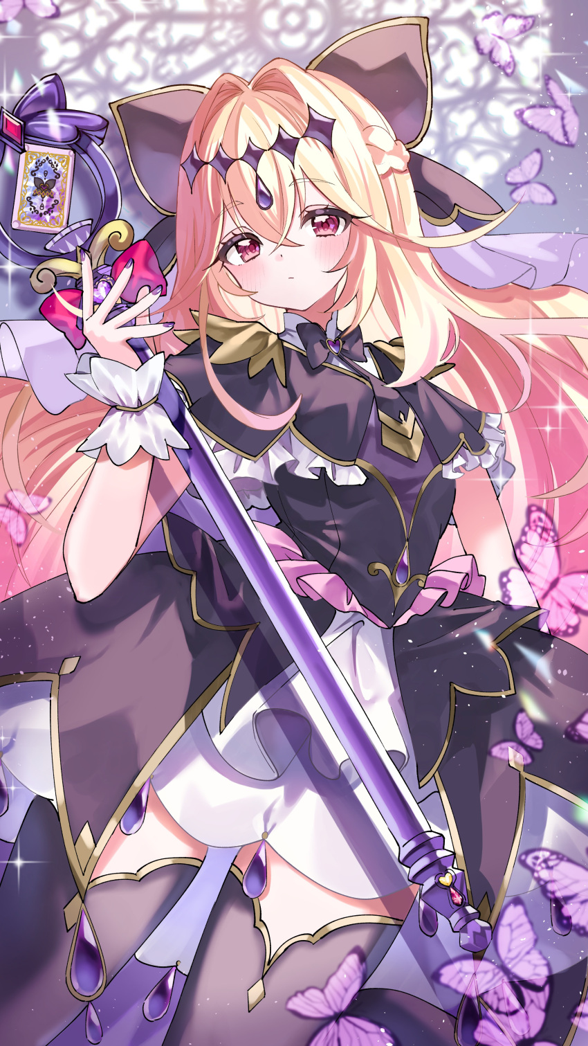 1girl, absurdres, antenna_hair, black_bow, black_dress, black_necktie, blonde_hair, bow