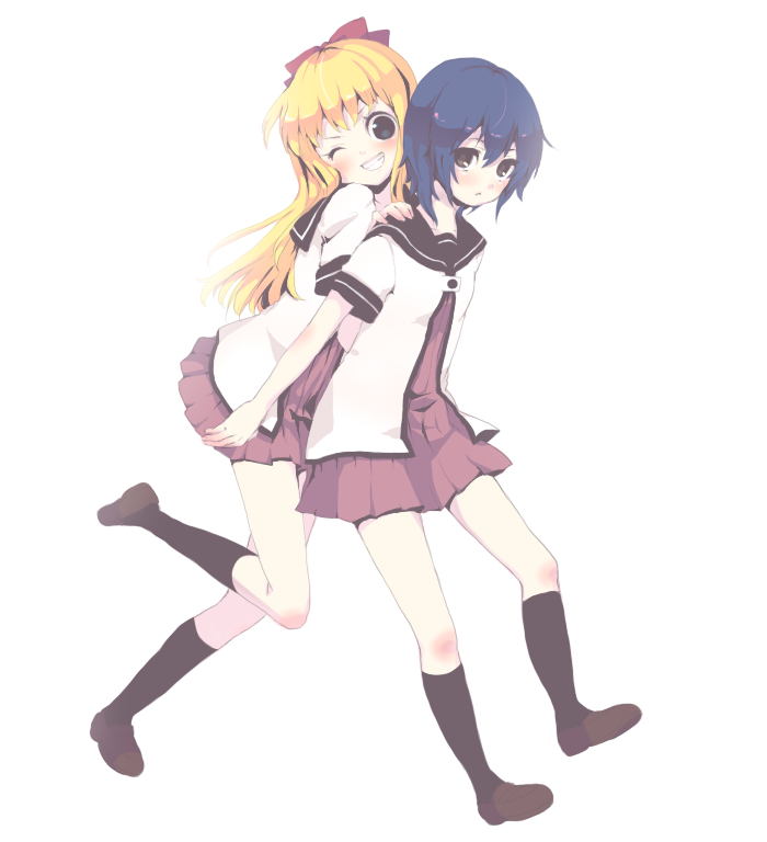 black_legwear, blonde_hair, blush, bow, funami_yui, grin, hair_bow, hand_on_shoulder