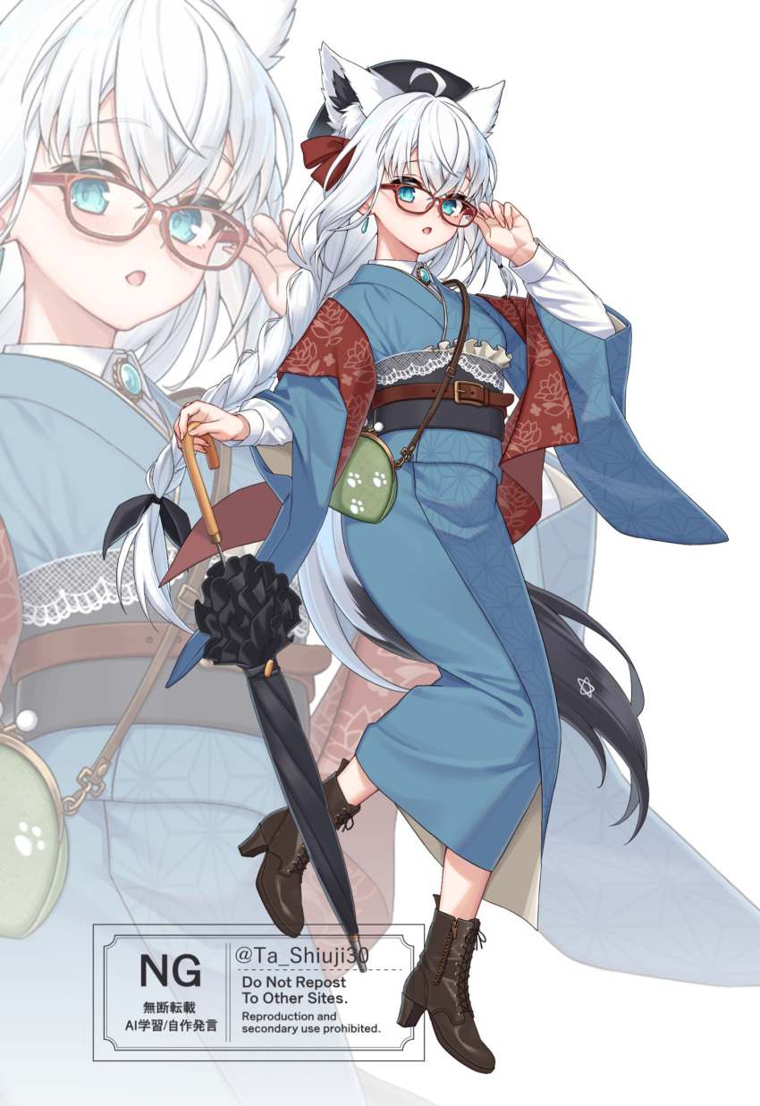1girl, adjusting_eyewear, ahoge, animal_ears, aqua_eyes, black_ribbon, black_sash, blue_kimono