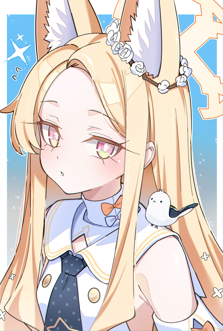 1girl, absurdres, animal, animal_ears, animal_on_shoulder, ascot, bine_kun, bird, bird_on_shoulder, blonde_hair, blue_archive, blue_ascot, blue_background, bright_pupils, commentary_request, detached_sleeves, fox_ears, fox_girl, halo, highres, long_hair, looking_at_viewer, pink_eyes, seia_(blue_archive), white_pupils, white_sleeves, yellow_halo