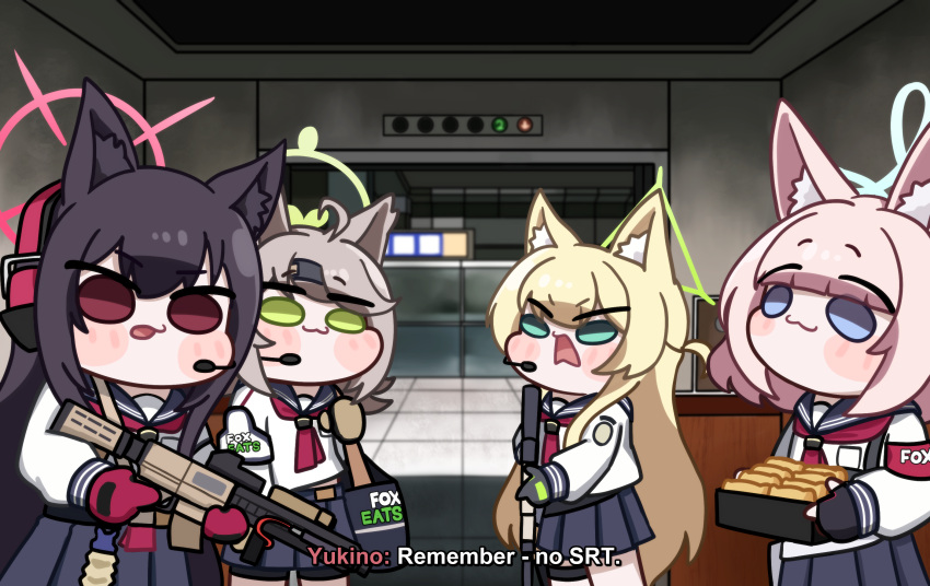 4girls, :3, ahoge, animal_ear_fluff, animal_ears, black_hair, black_sailor_collar, black_skirt, blonde_hair, blue_archive, blue_eyes, blue_halo, brown_hair, call_of_duty, call_of_duty:_modern_warfare_2, chibi, chibi_only, elevator, food, fox_ears, fox_girl, fox_platoon_(blue_archive), green_eyes, green_halo, gun, halo, headphones, highres, holding, holding_food, holding_gun, holding_weapon, inarizushi, indoors, insulated_delivery_bag, kurumi_(blue_archive), leviathan_lvat, long_hair, medium_hair, meme, miniskirt, multiple_girls, neckerchief, niko_(blue_archive), no_russian_(meme), otogi_(blue_archive), pink_hair, pleated_skirt, red_eyes, red_halo, red_neckerchief, sailor_collar, shirt, skirt, sushi, weapon, white_shirt, yukino_(blue_archive)