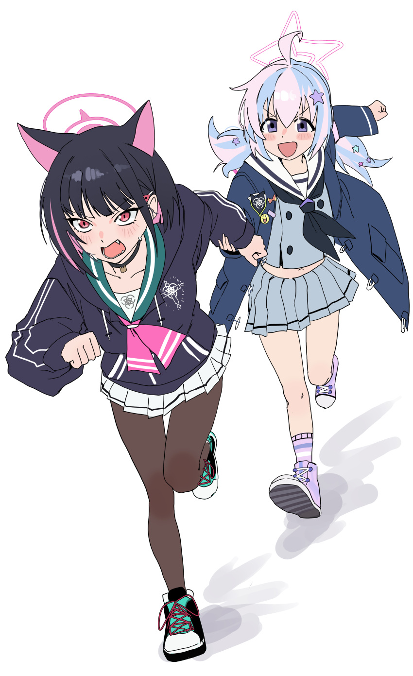 2girls, :d, absurdres, ahoge, animal_ears, black_choker, black_hair, black_jacket