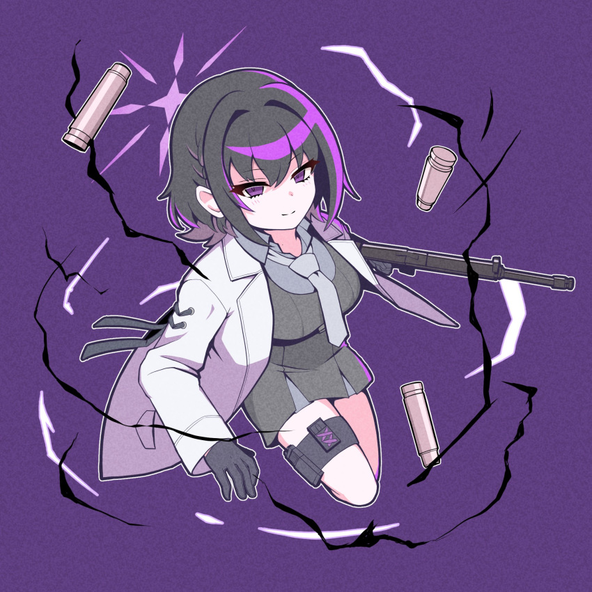 1girl, assault_rifle, black_gloves, black_hair, blue_archive, breasts, bullet, coat