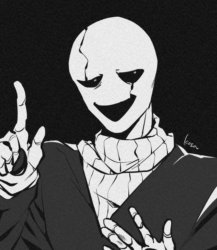 1boy, 2d, artist_name, black_background, black_coat, coat, cracked_face, dark_background, digital_media, hand_on_own_chest, highres, hole_in_hand, hollow_eyes, humanoid, index_finger_raised, kosafordraw, male, male_focus, male_only, monster, monster_boy, open_mouth, portrait, signature, simple_background, solo, sweater, third-party_source, turtleneck, turtleneck_sweater, undertale, uneven_eyes, utdr_(toby_fox), w.d._gaster, white_sweater